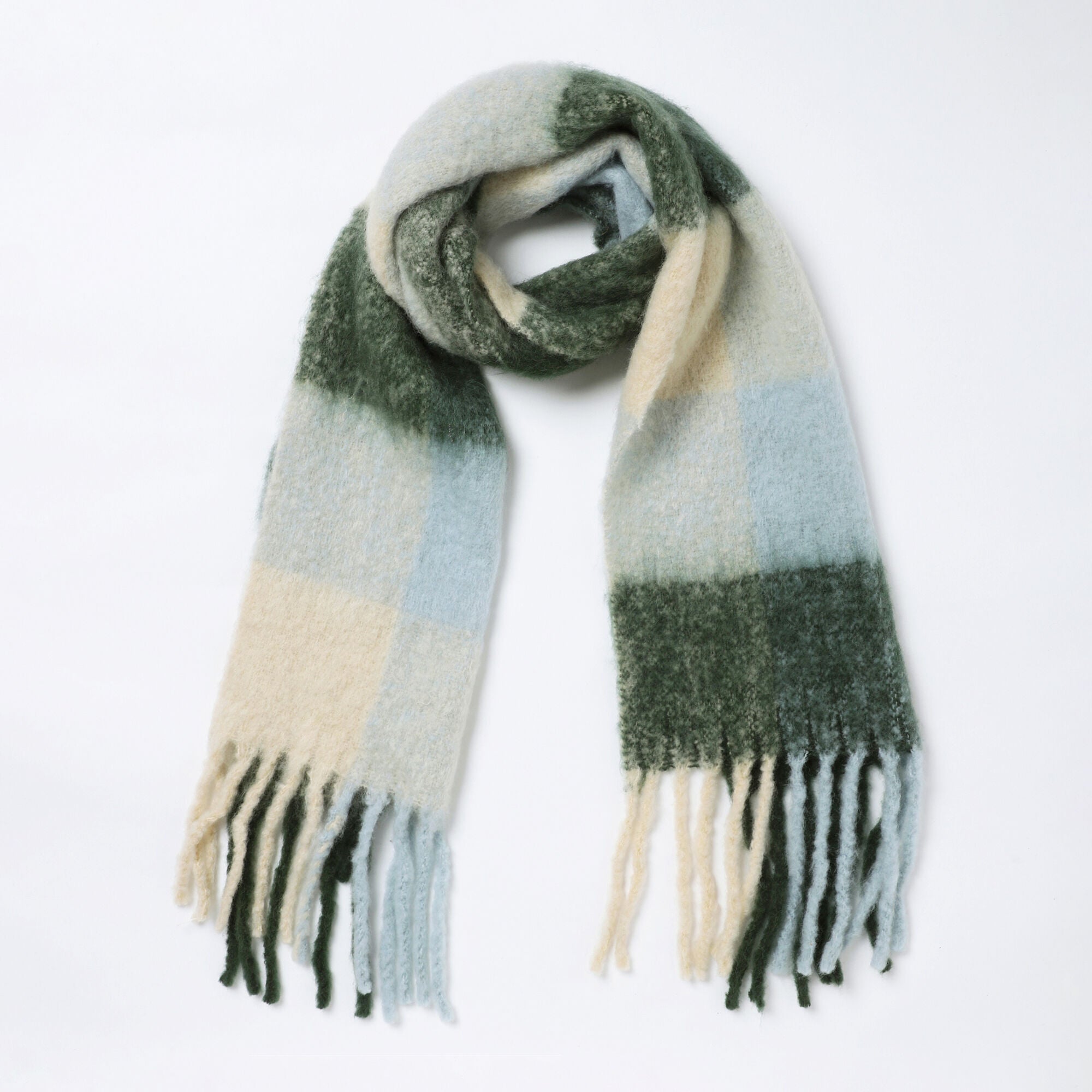 Brushed Checkered Fringe Scarf - Blue Green, OLIVE, hi-res image number 0