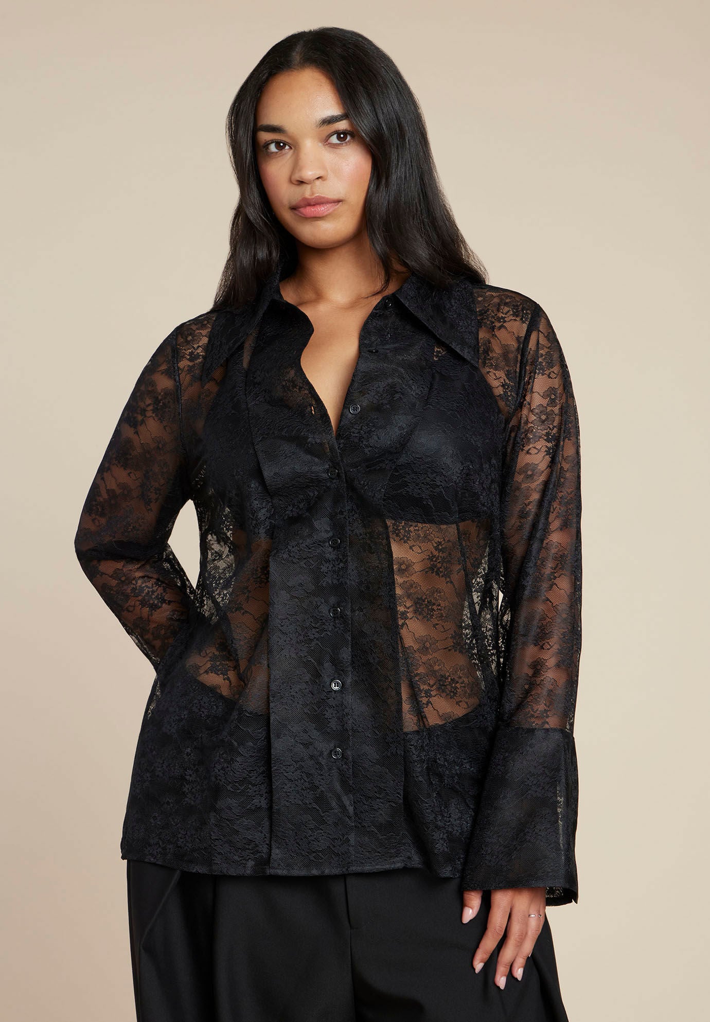 Sheer Lace Button Up Top | ELOQUII
