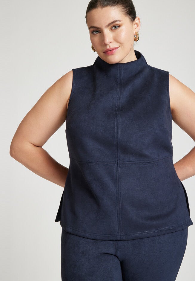 Barkwood x ELOQUII Faux Suede Ruched Neck Top, COLLEGIATE BLUE, hi-res image number null
