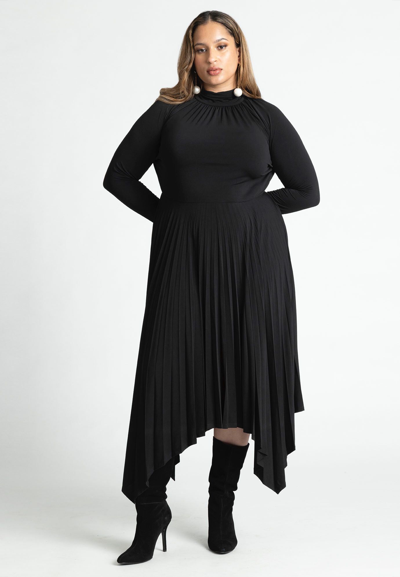 Plus Size Shirred Slit Fitted Pleated Raglan Sleeves Dress