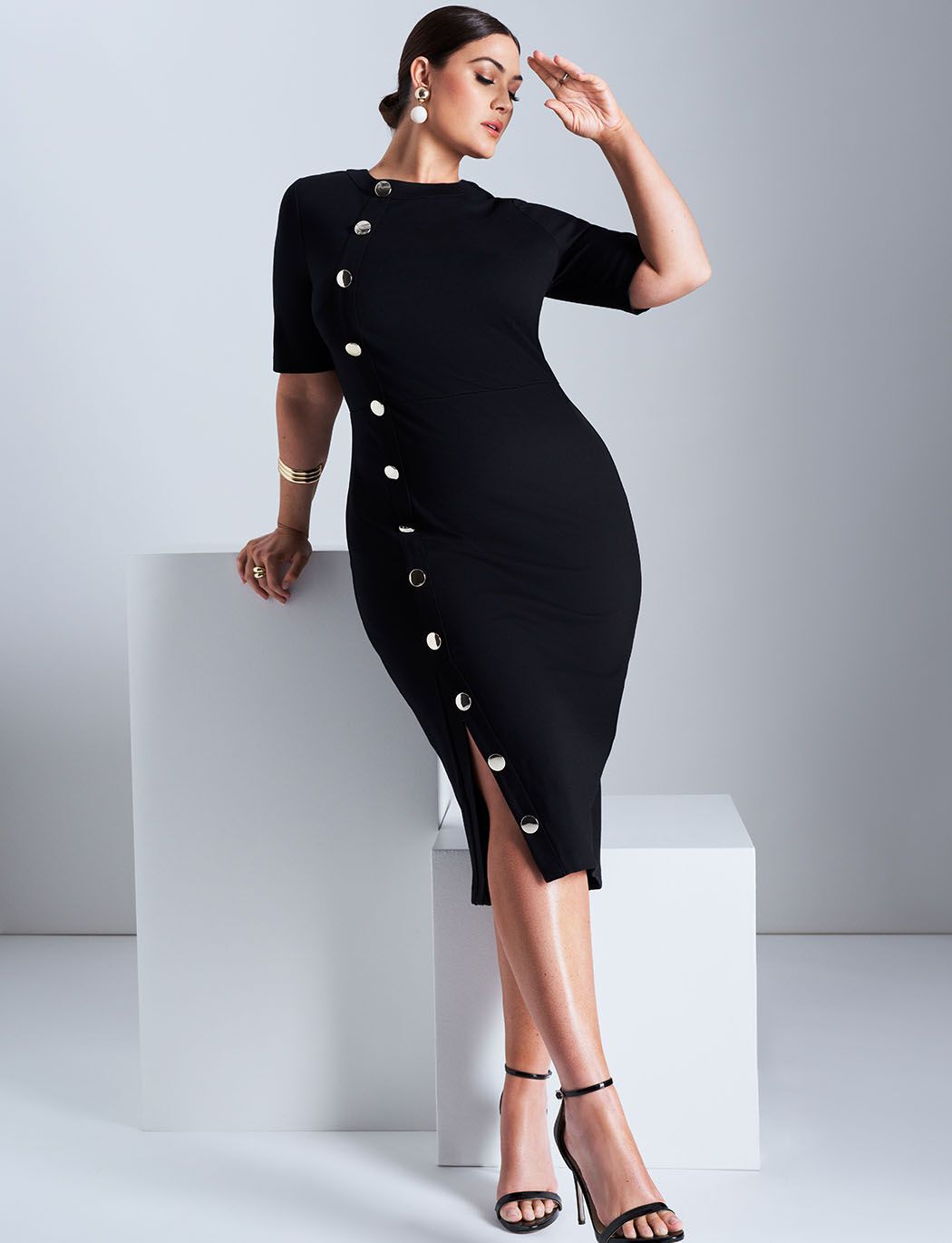 Button Front Workwear Bodycon Dress Black Onyx Eloquii