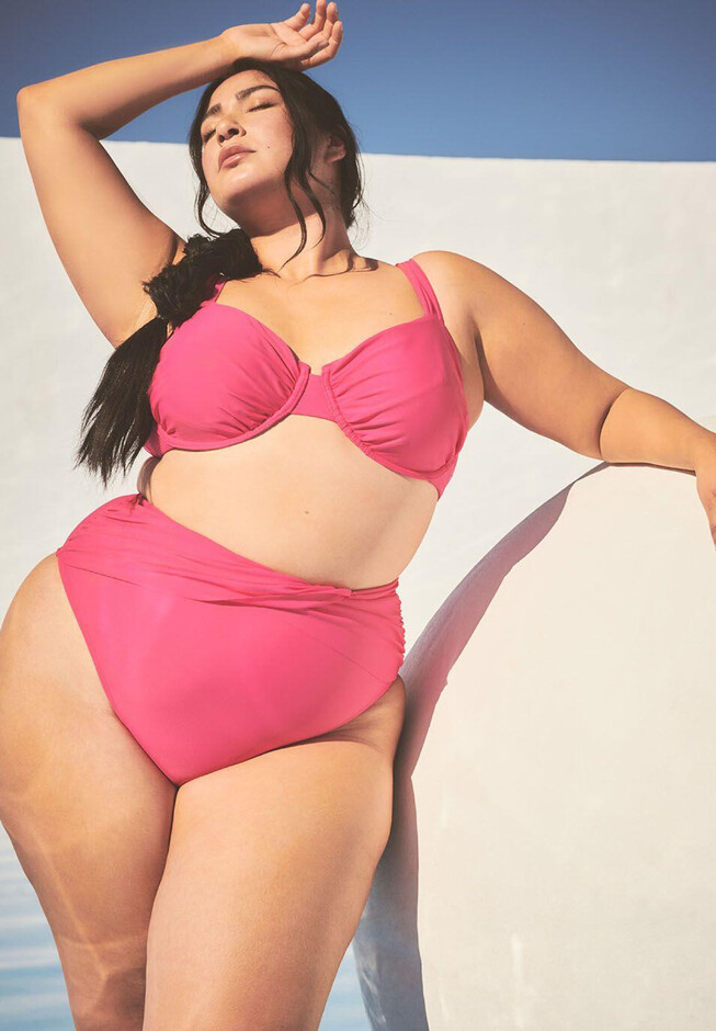 Gabi Fresh Swim x ELOQUII Super High Waisted Bikini Bottom with Overlay  Front