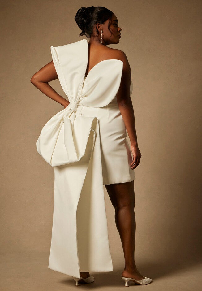 Bridal by ELOQUII Strapless Mini Dress With Draped Train, PEARL, alternate image number null