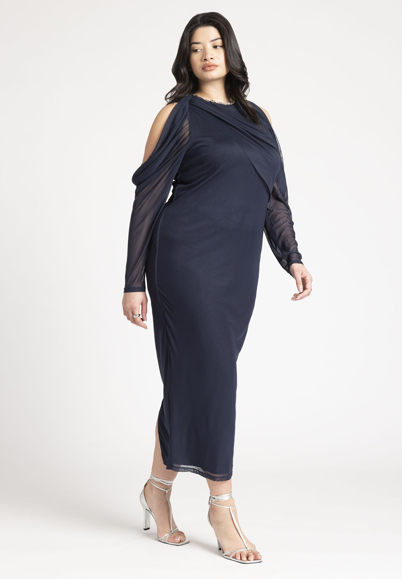 Plus Size Cold Shoulder Sleeves Draped Fitted Cutout Mesh Maxi Dress