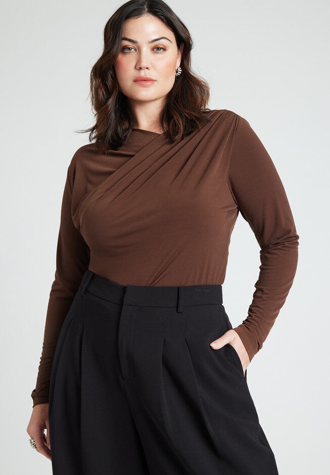 Draped Shoulder Knitted Top, CHICORY COFFEE, hi-res image number null