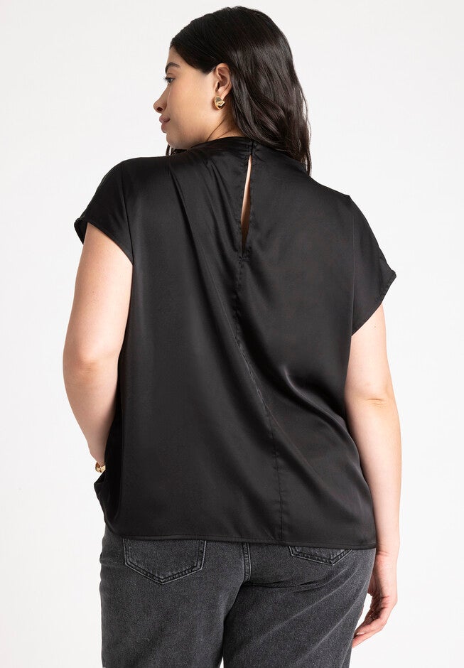 Pleat Detail Satin Shirt, BLACK ONYX, alternate image number null