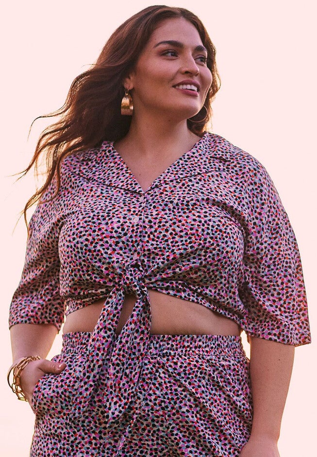 ELOQUII Elements Tie Waist Camp Shirt, MULTI PAINT SPECKLE, hi-res image number null