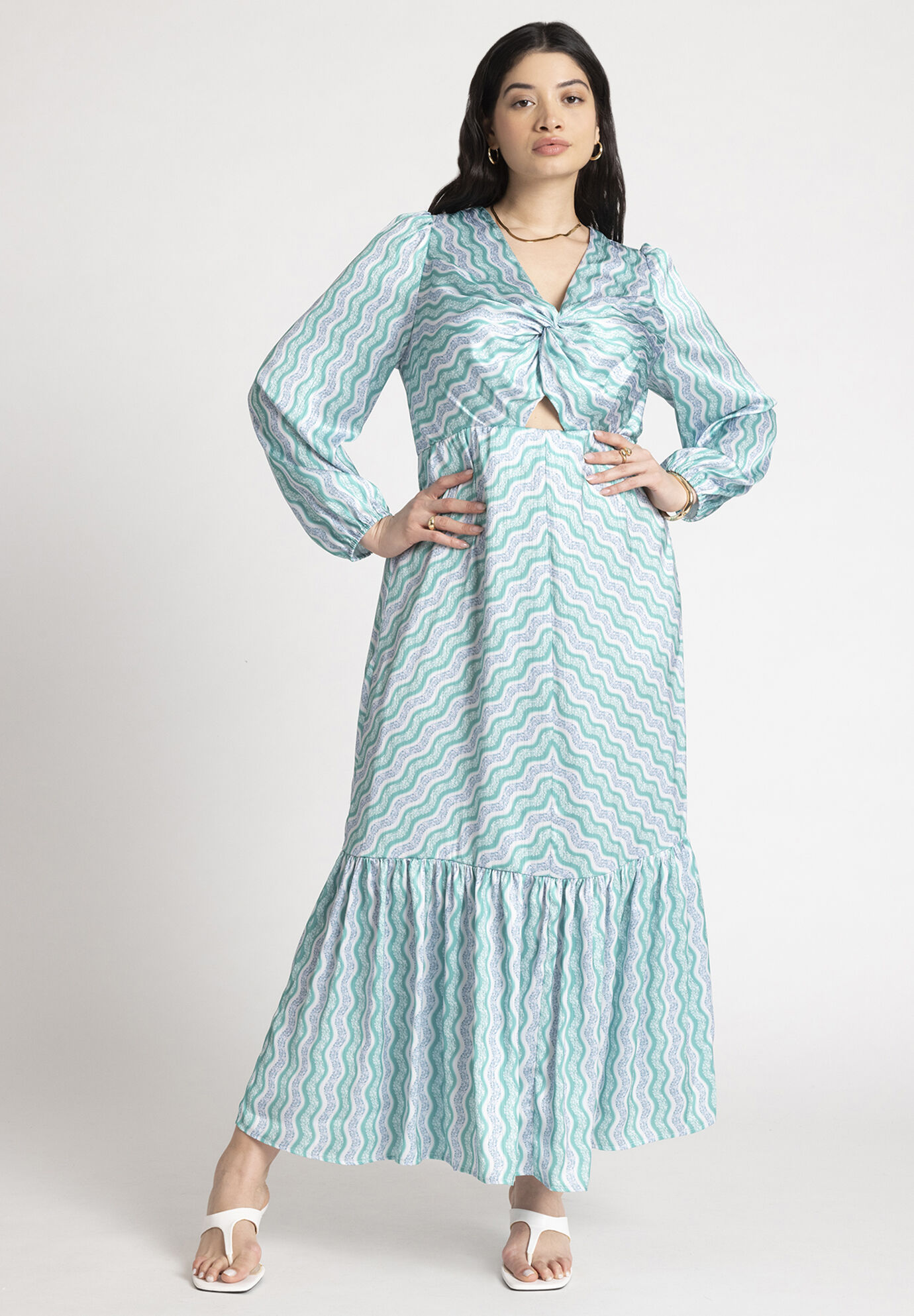 Plus Size Polyester Long Puff Sleeves Sleeves Back Zipper Striped Print Maxi Dress