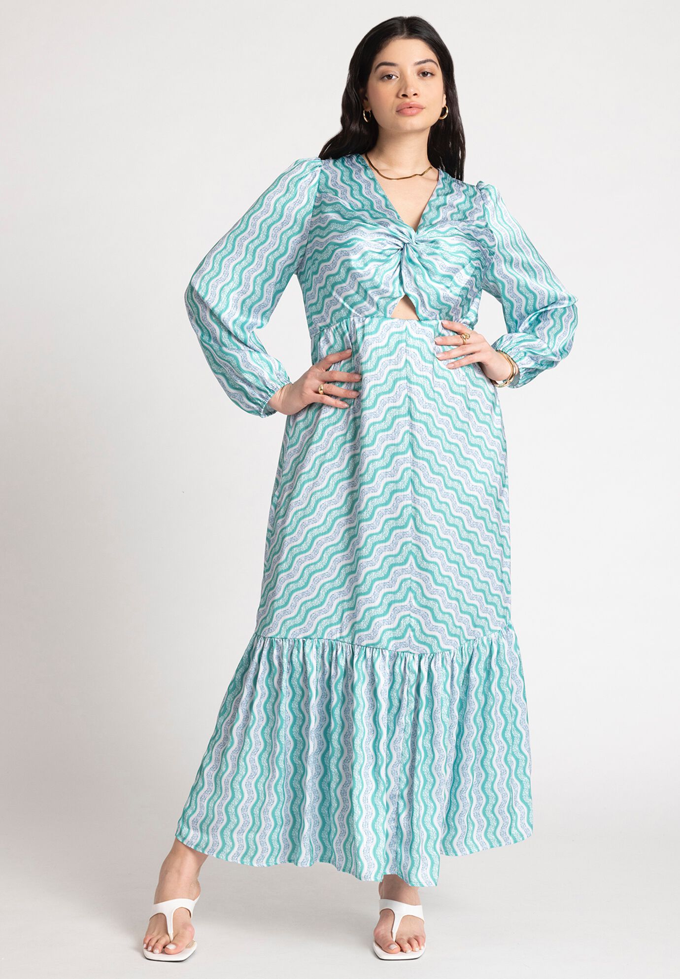 Plus Size Striped Print Long Puff Sleeves Sleeves Back Zipper Polyester Maxi Dress