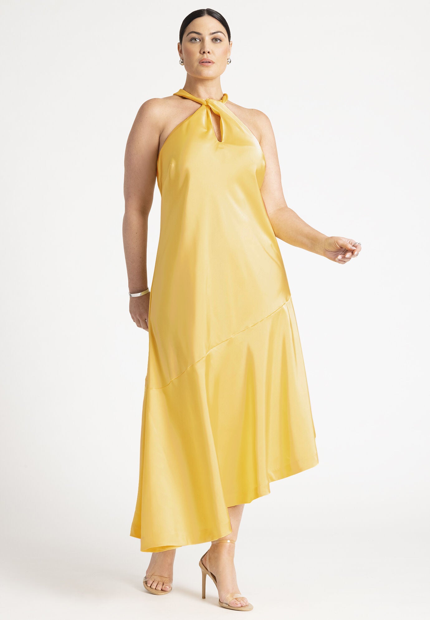 Twisted Neck Satin Maxi Dress for Weddings, Soft Lemon Eloquii