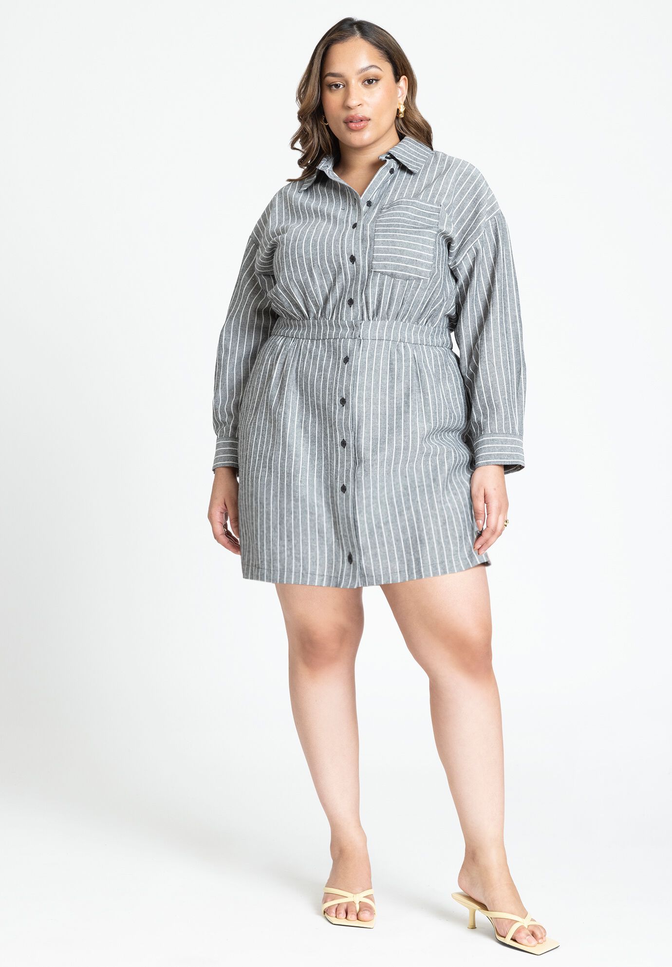 Plus Size Elasticized Waistline Striped Print Pocketed Back Yoke Darts Long Sleeves Dropped Shoulder Collared Above the Knee Romper