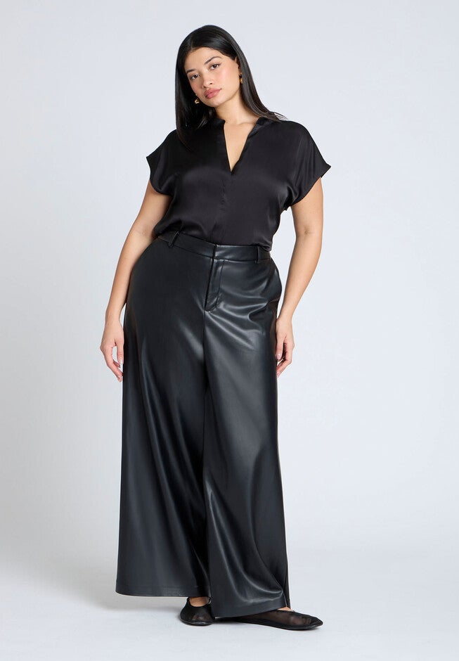 Satin Notch Collar Blouse, BLACK, alternate image number null