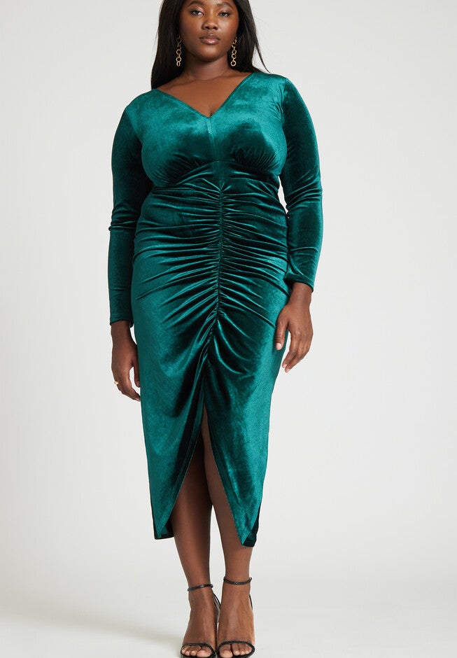 V Neck Pleated Front Dress, EMERALD, hi-res image number null