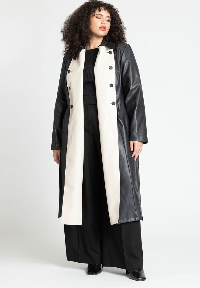Faux Leather Contrast Panel Coat, , on-hover image number null