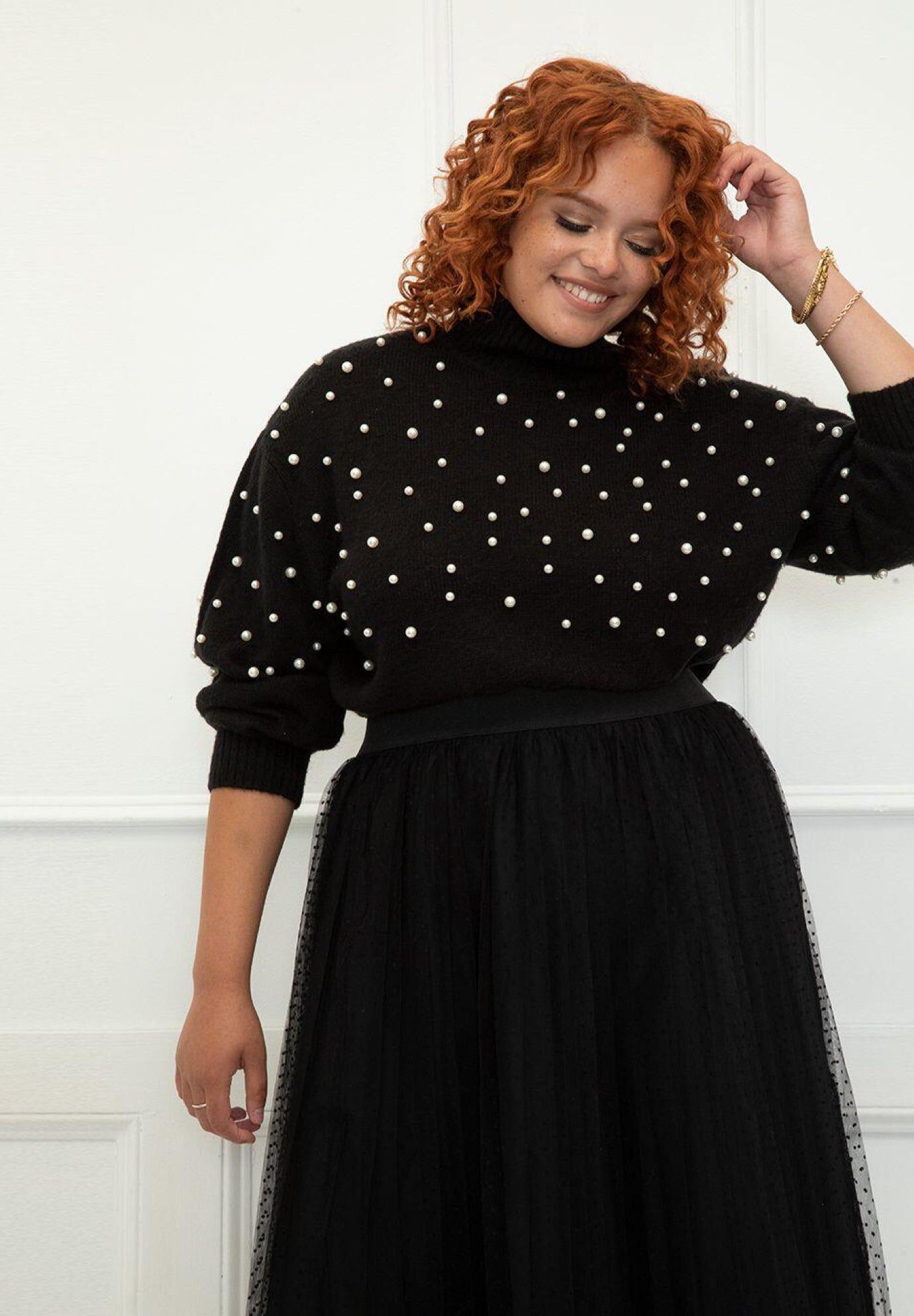 ELOQUII Elements Pearl Embellished Sweater, BLACK, hi-res image number 0