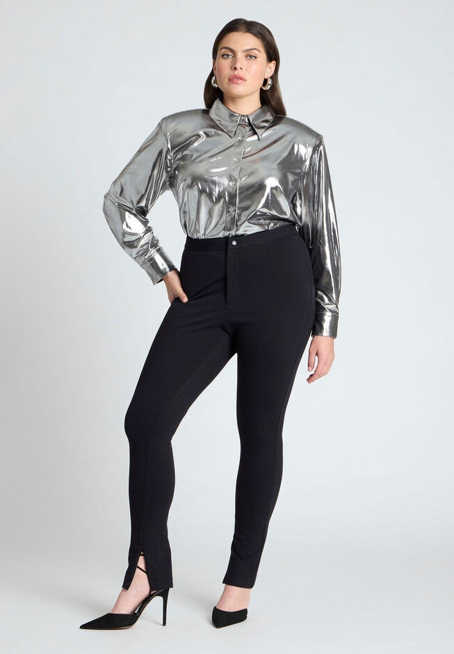 Metallic Button Up Top With Shoulder Pad, SILVER, alternate image number null
