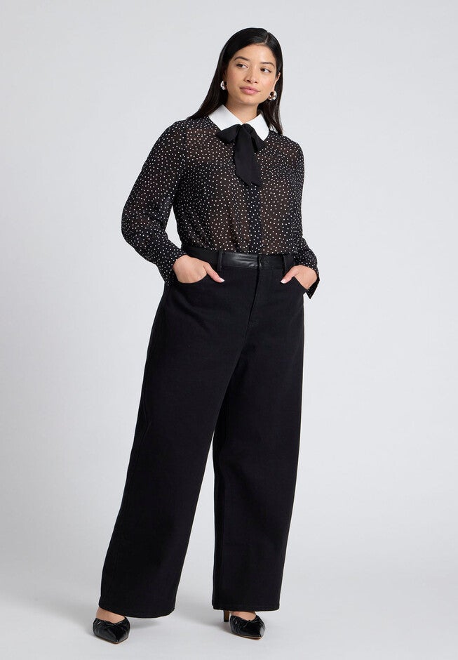 Polka Dot Collared Blouse, BLACK AND WHITE, alternate image number null