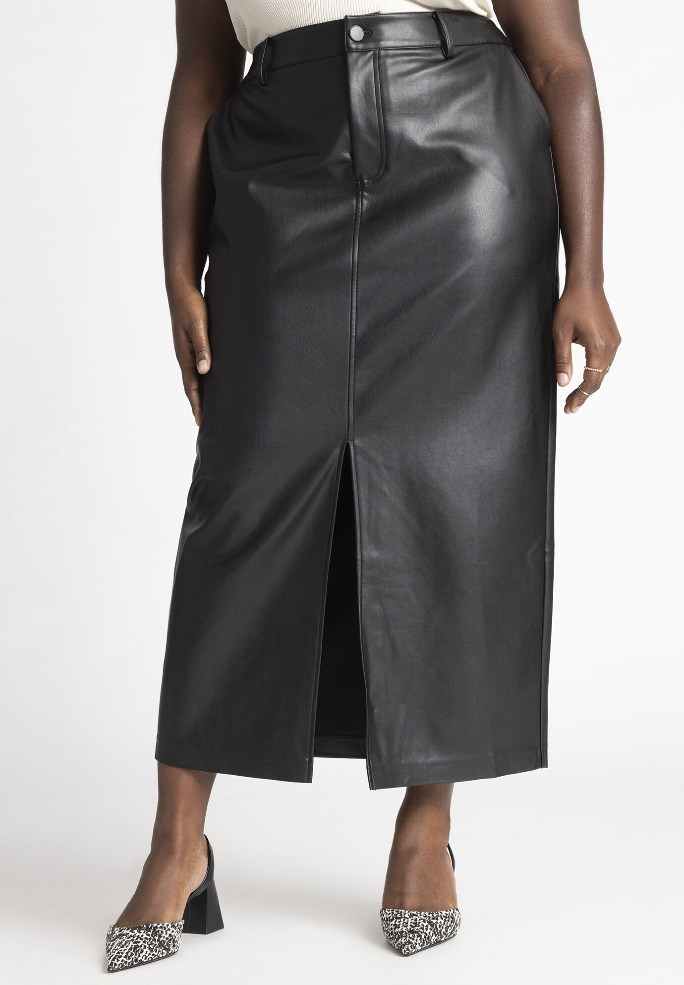Faux Leather Column Skirt With Slit | Eloquii