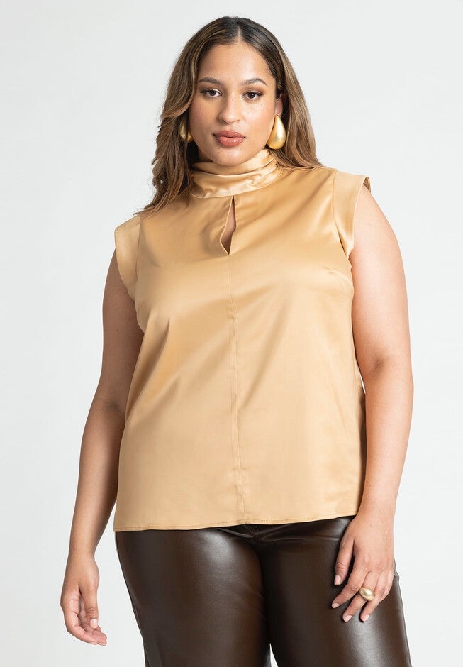 Mock Neck Top With Keyhole, ICED COFFEE, hi-res image number null