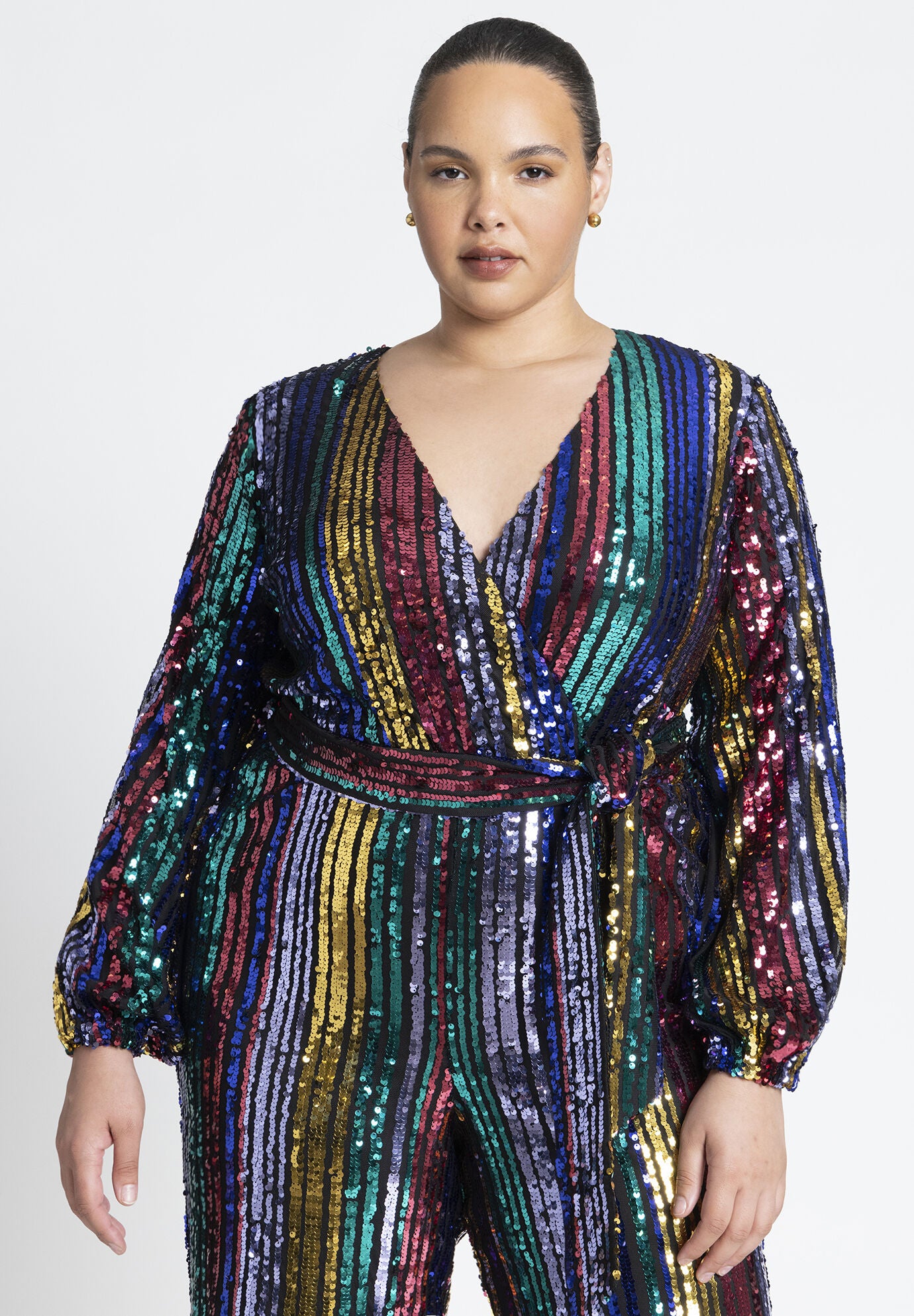 ELOQUII Women s Plus Size Multicolor Stripe Sequin Jumpsuit