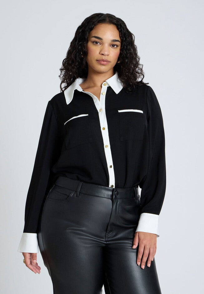 Combo Collared Long Sleeve Shirt, BLACK AND CREAM, hi-res image number null