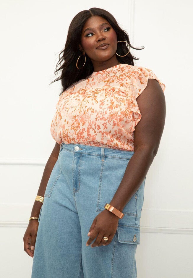 ELOQUII Elements Sleeveless Ruffle Trimmed Blouse, ANIMAL PAINT PINK, hi-res image number null