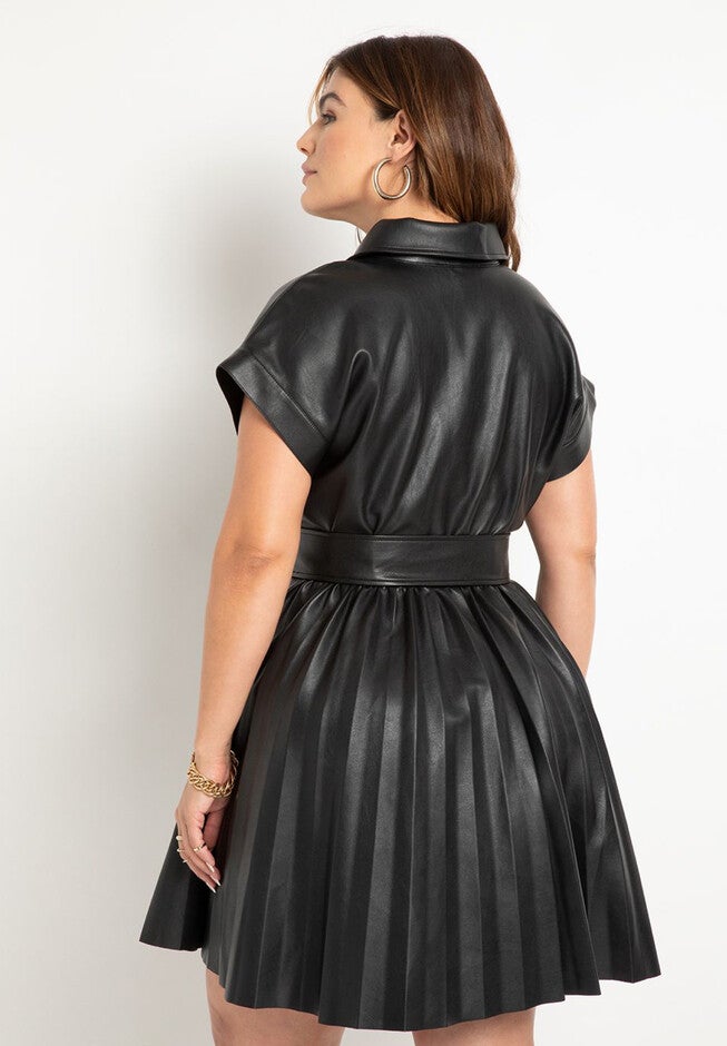 Faux Leather Pleated Skirt Dress, Black Onyx | ELOQUII Faux Leather Pleated Skirt Dress, Black Onyx | ELOQUII