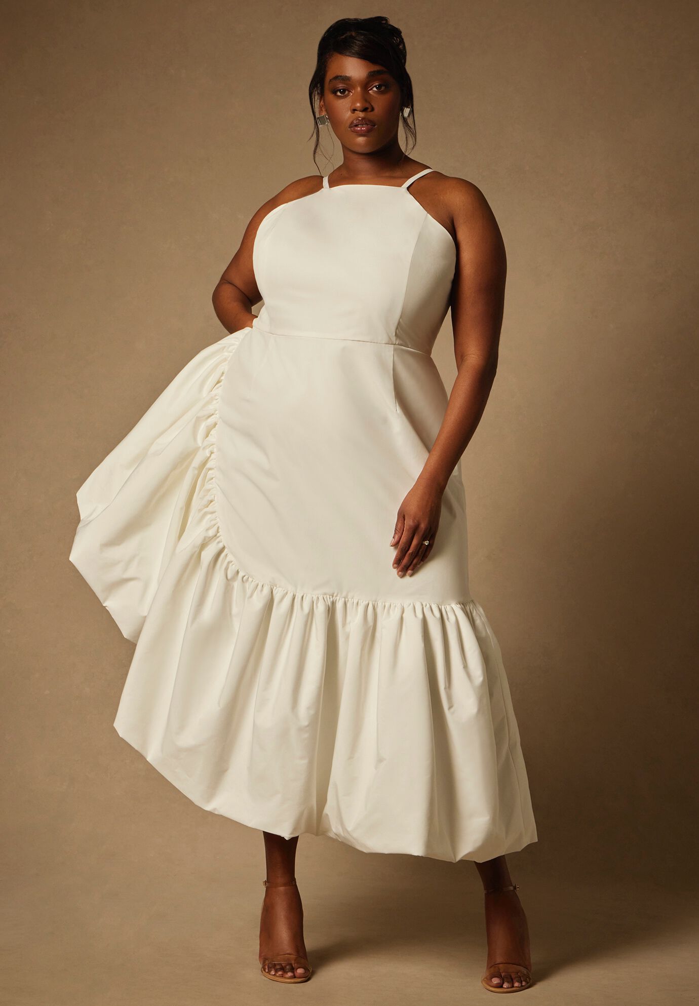 Plus Size Back Zipper Halter Sleeveless Tank Wedding Dress/Maxi Dress/Midi Dress With Pearls