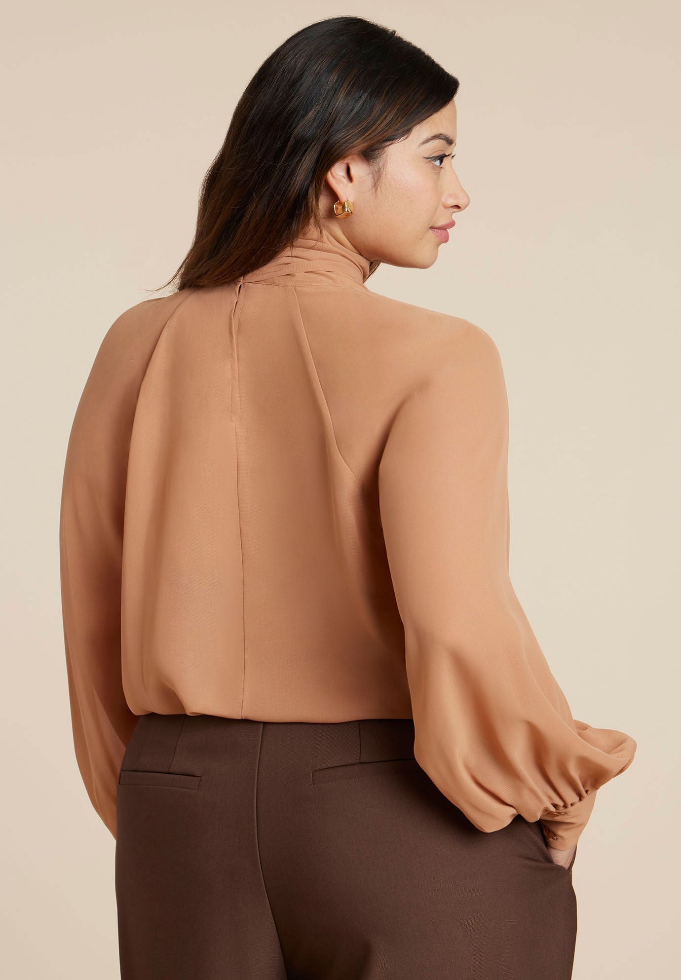 Sheer Neck Tie Blouse, APPLE CINNAMON, alternate image number 3