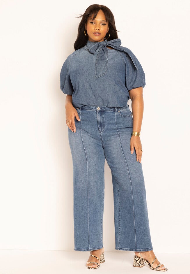 Puff Sleeve Chambray Tie Neck Top, , alternate image number null