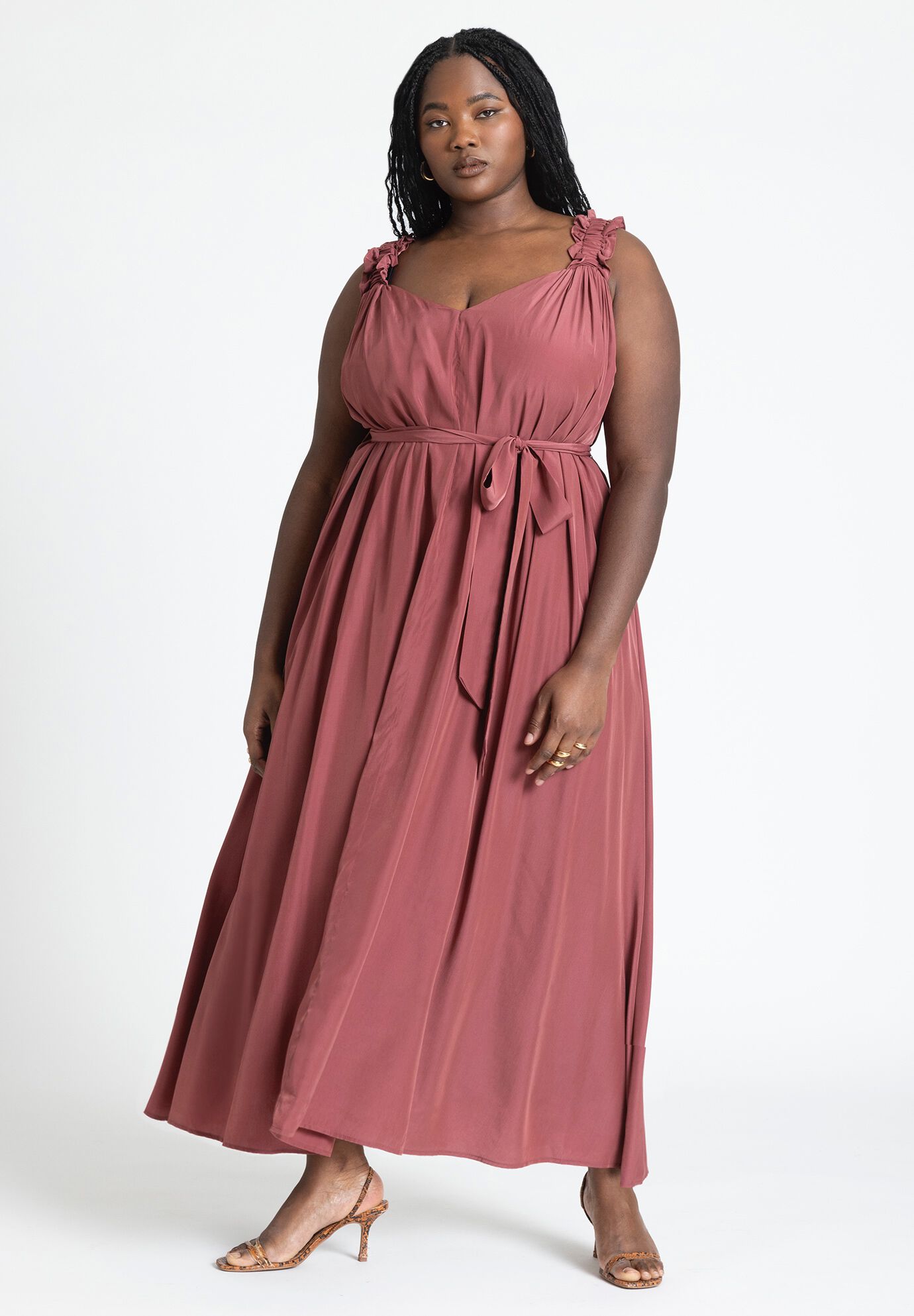 Ruffle Strap Maxi Dress Relaxed Fit Fully Lined Antique Burgundy Eloquii