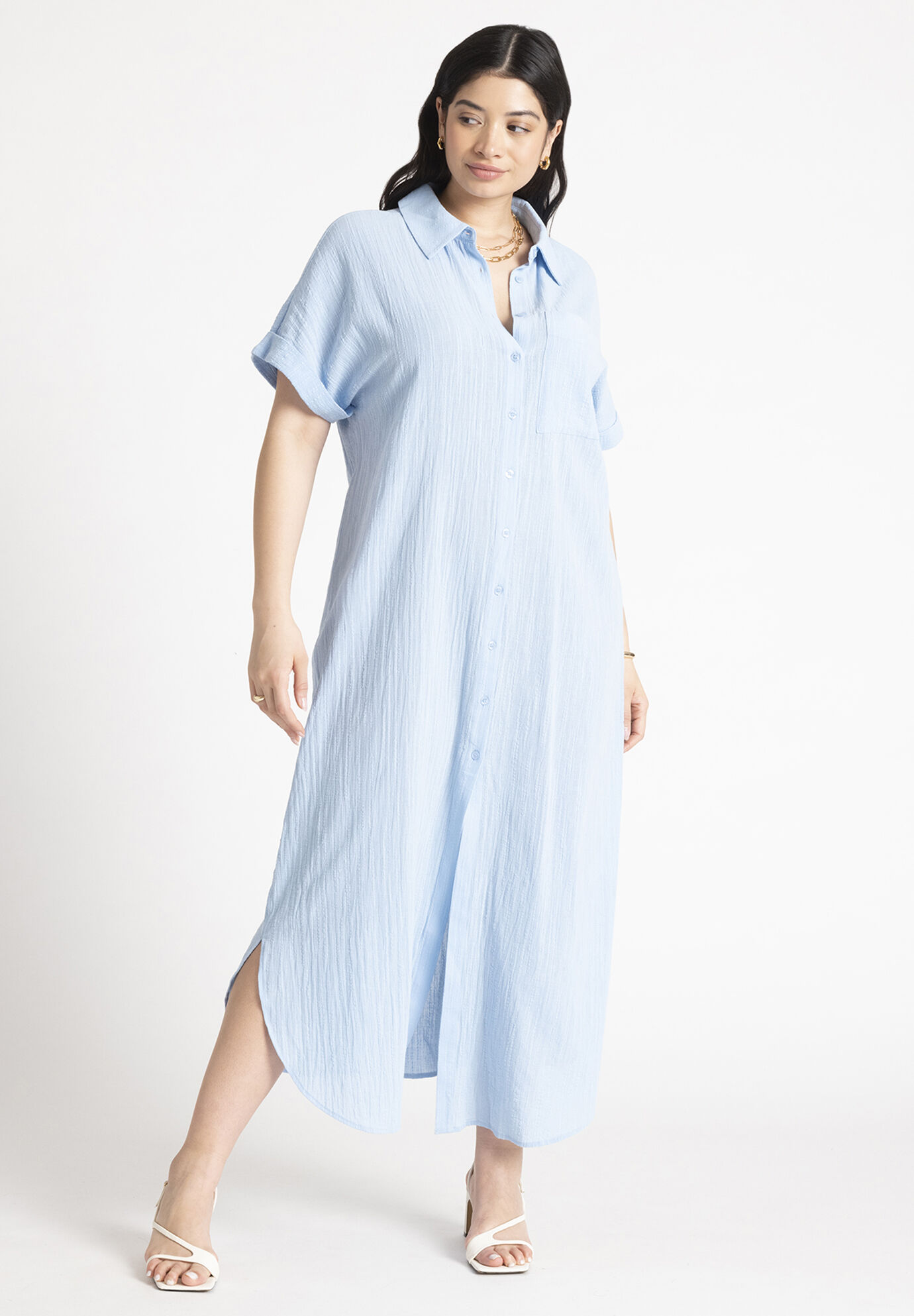 Plus Size Cotton Pocketed Short Sleeves Sleeves Shirt Maxi Dress