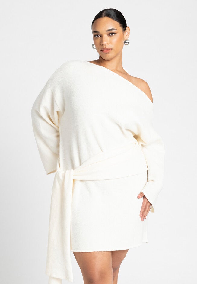 Sweater Mini Dress With Waist Tie, CREAM, alternate image number null