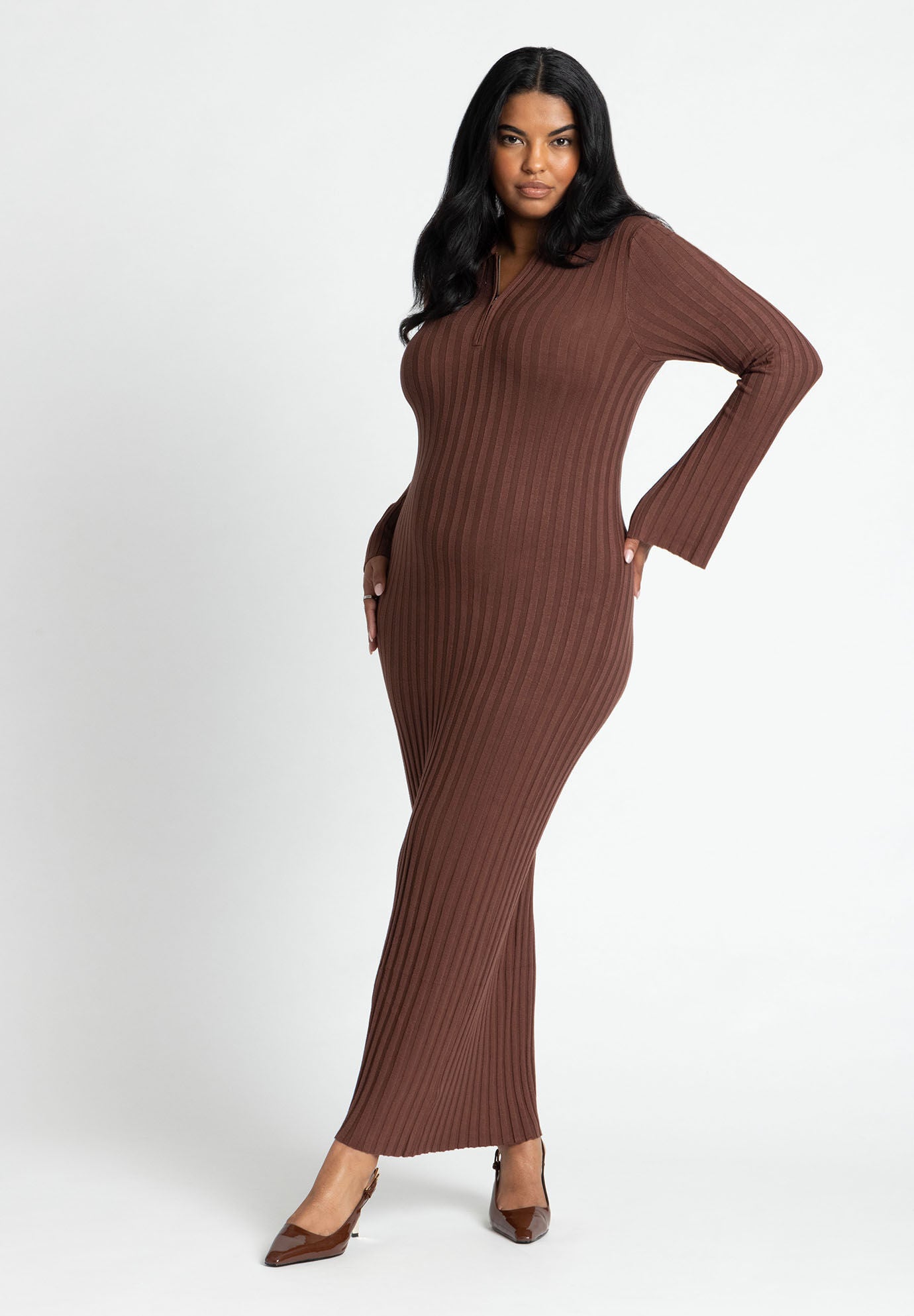 Collared Zip-Up Sweater Dress with Pockets