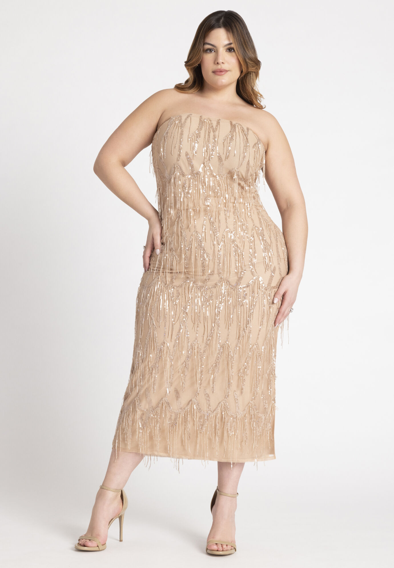 Plus Size Strapless Round Neck Back Zipper Sequined Maxi Dress