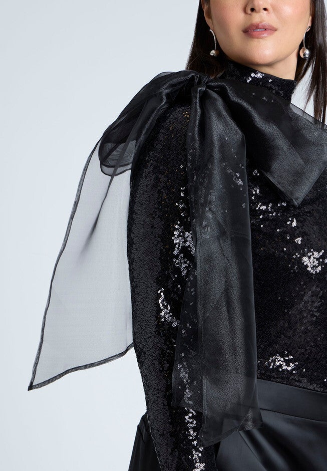 Sequin Mockneck Top With Bow, BLACK ONYX, alternate image number null