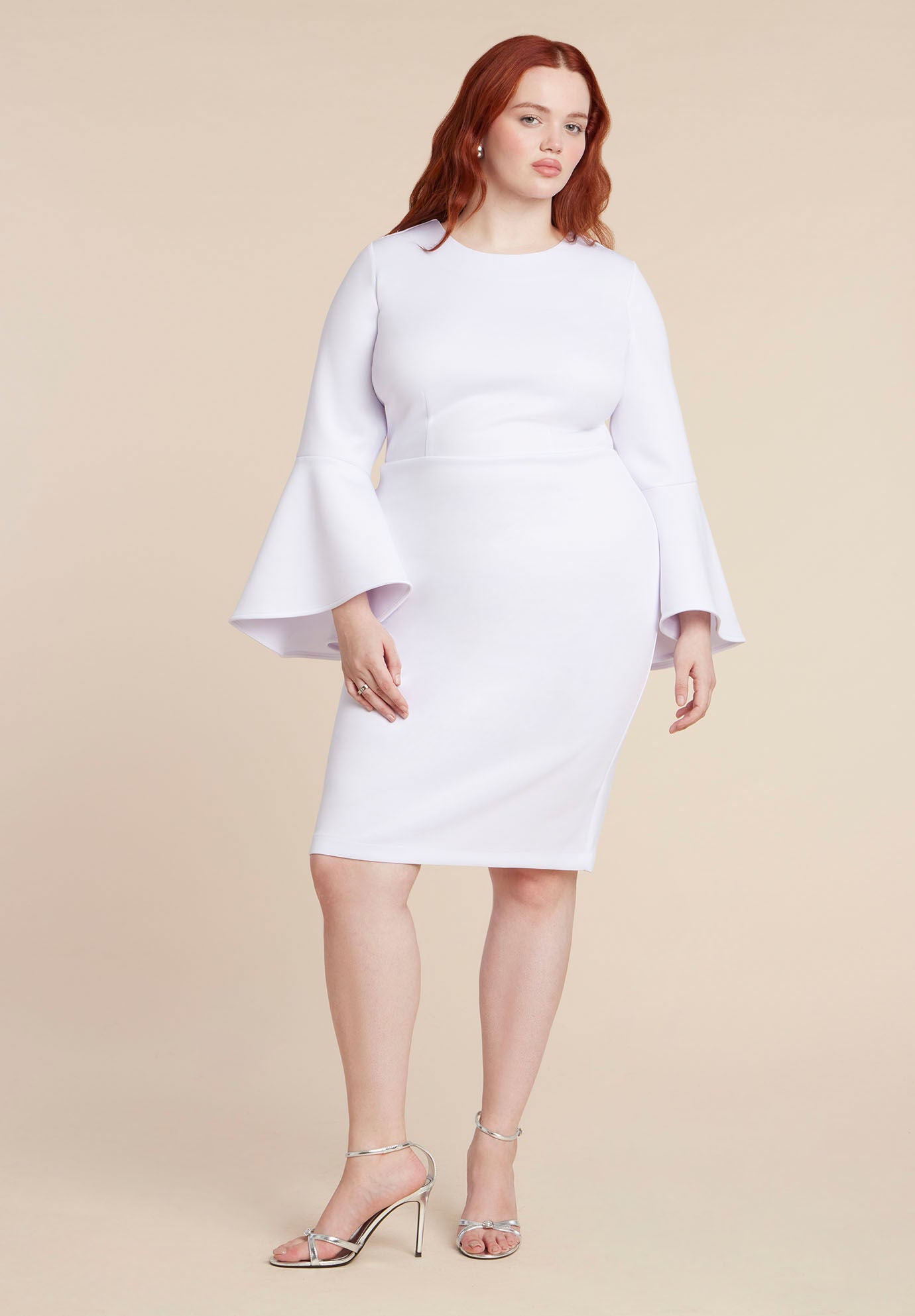 Women's White Solid Fit and Flare Scuba Dress