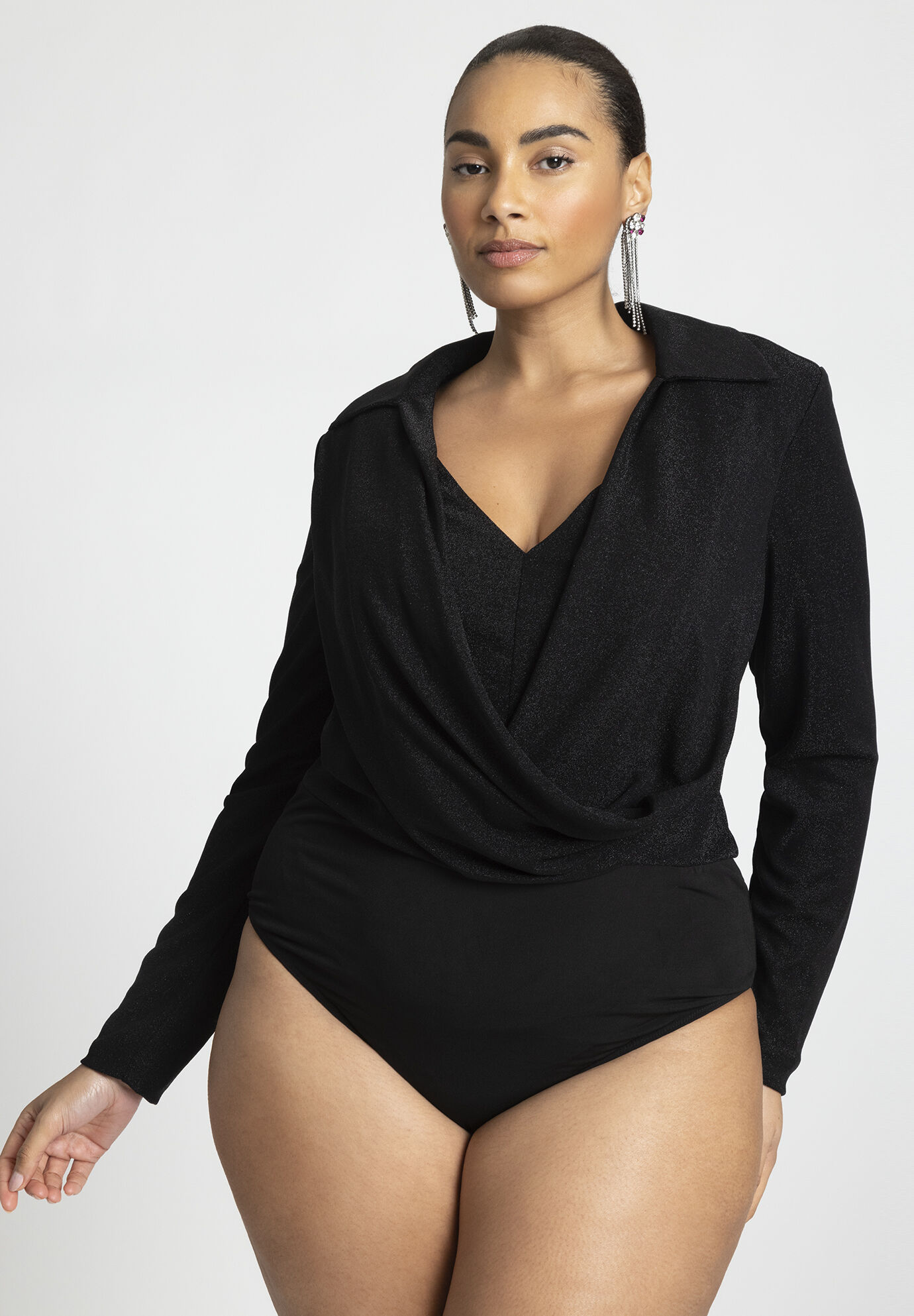 Plus Size Women Sparkle Knit Cowl Neck Bodysuit By ( Size 30/32 )