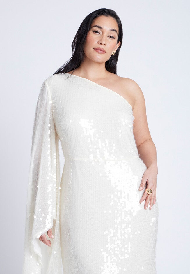 One Shoulder Dramatic Sleeve Dress, COCONUT MILK, alternate image number null