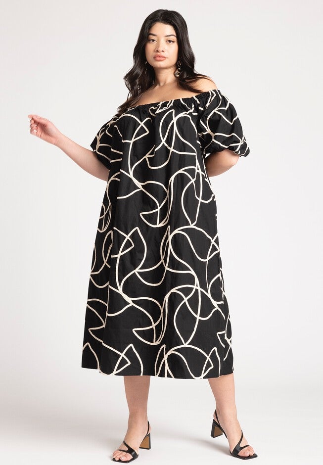 Embroidered Midi Dress, BLACK ONYX, hi-res image number null