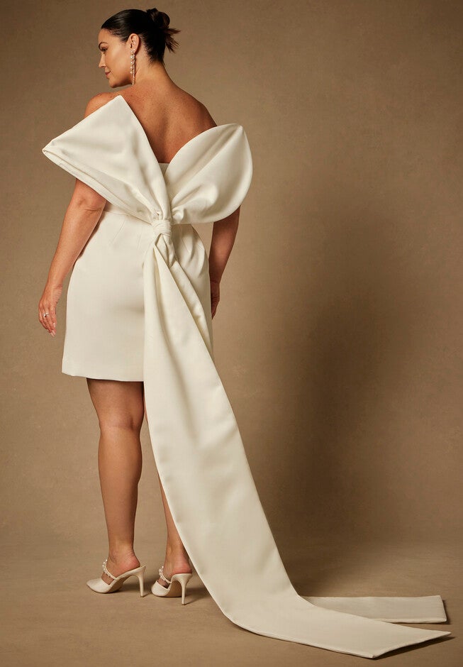Bridal by ELOQUII Strapless Mini Dress With Draped Train, PEARL, alternate image number null