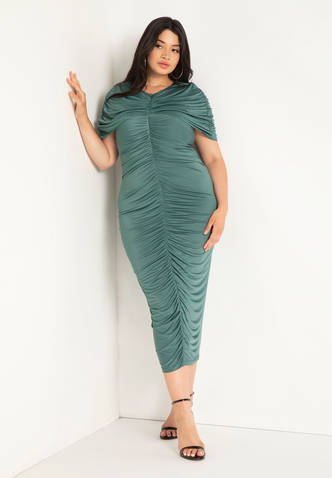 Plus Size Ruched Shirred Back Zipper Crew Neck Bodycon Dress/Midi Dress