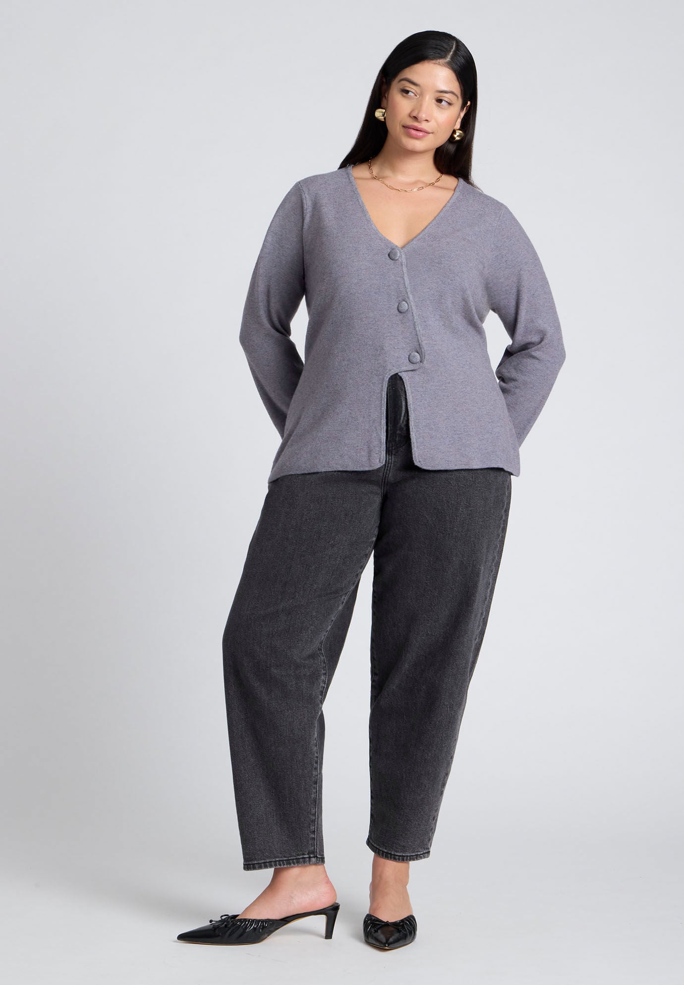 Cut Out Hem Cardigan, GRAY, alternate image number 2