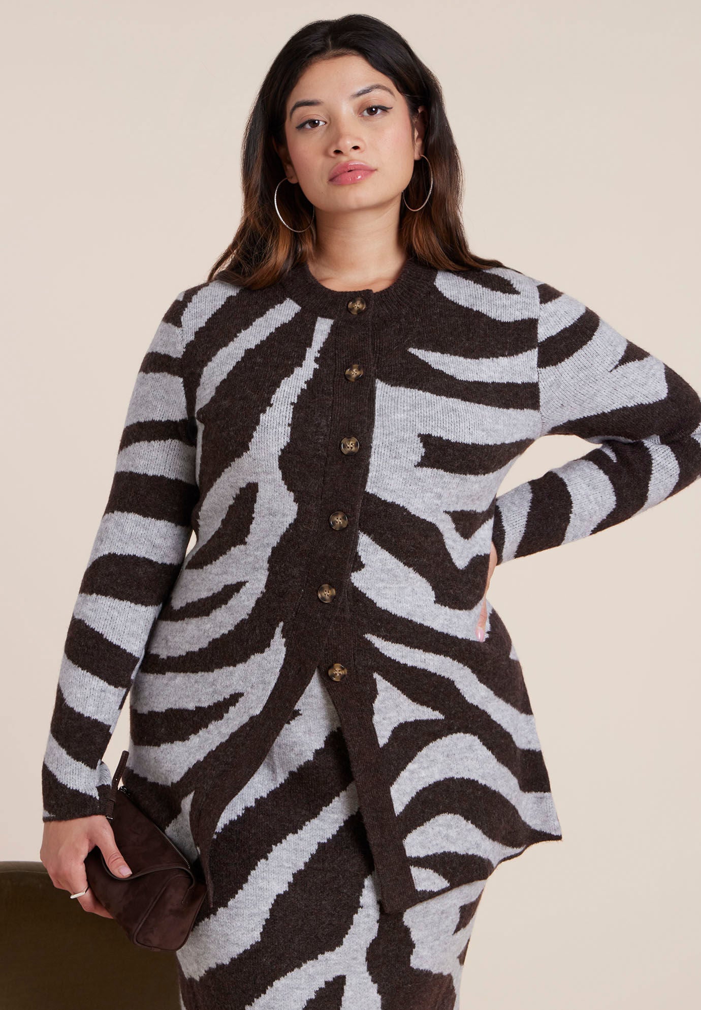  Intarsia Split Hem Cardigan, ZEBRA LOVE BROWN, hi-res image number 0