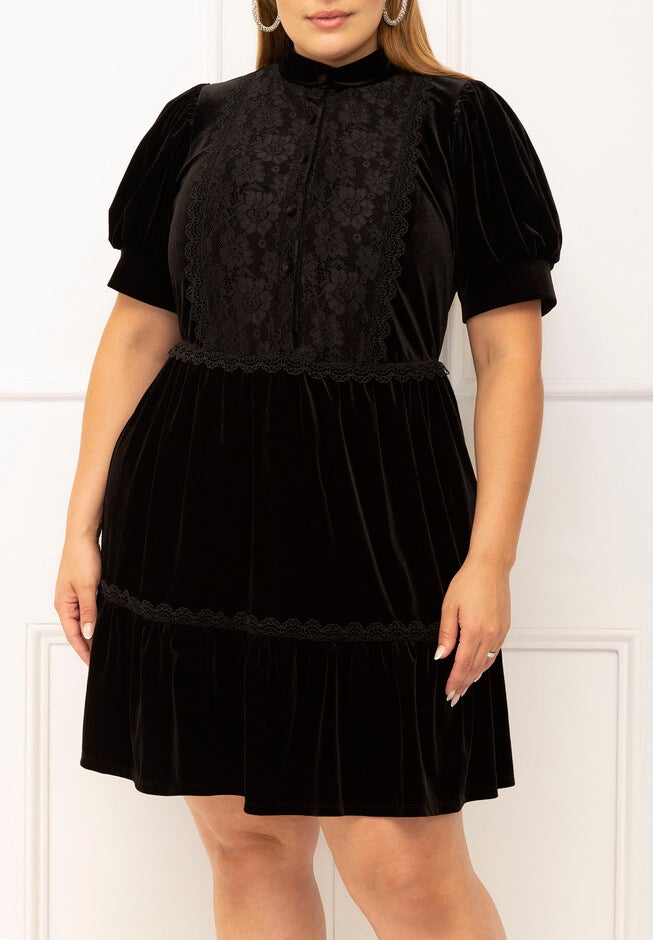 ELOQUII Elements Puff Sleeve Dress With Lace Inserts, , alternate image number null