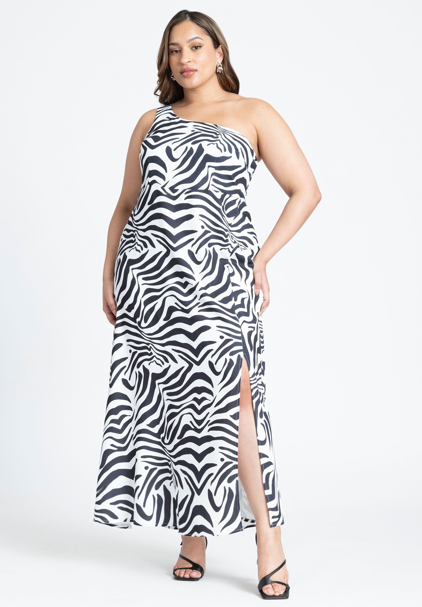 Plus Size One Shoulder Animal Zebra Print Flowy Back Zipper Slit Maxi Dress