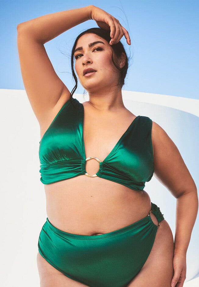 Gabi Fresh Swim x ELOQUII V-Neck Bikini Top with Ring Detail, RAINFOREST GREEN, hi-res image number null