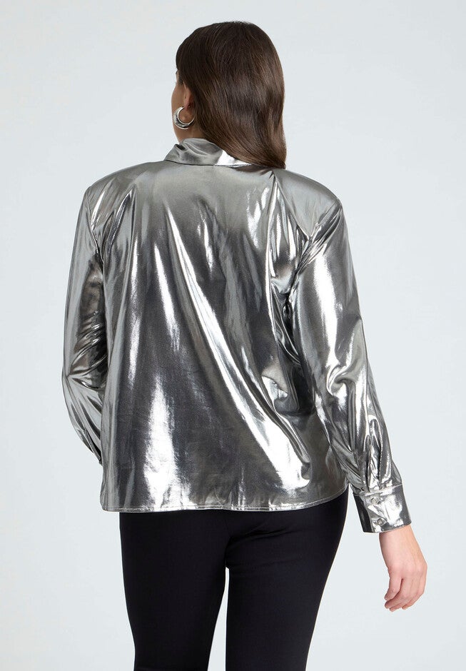 Metallic Button Up Top With Shoulder Pad, SILVER, on-hover image number null