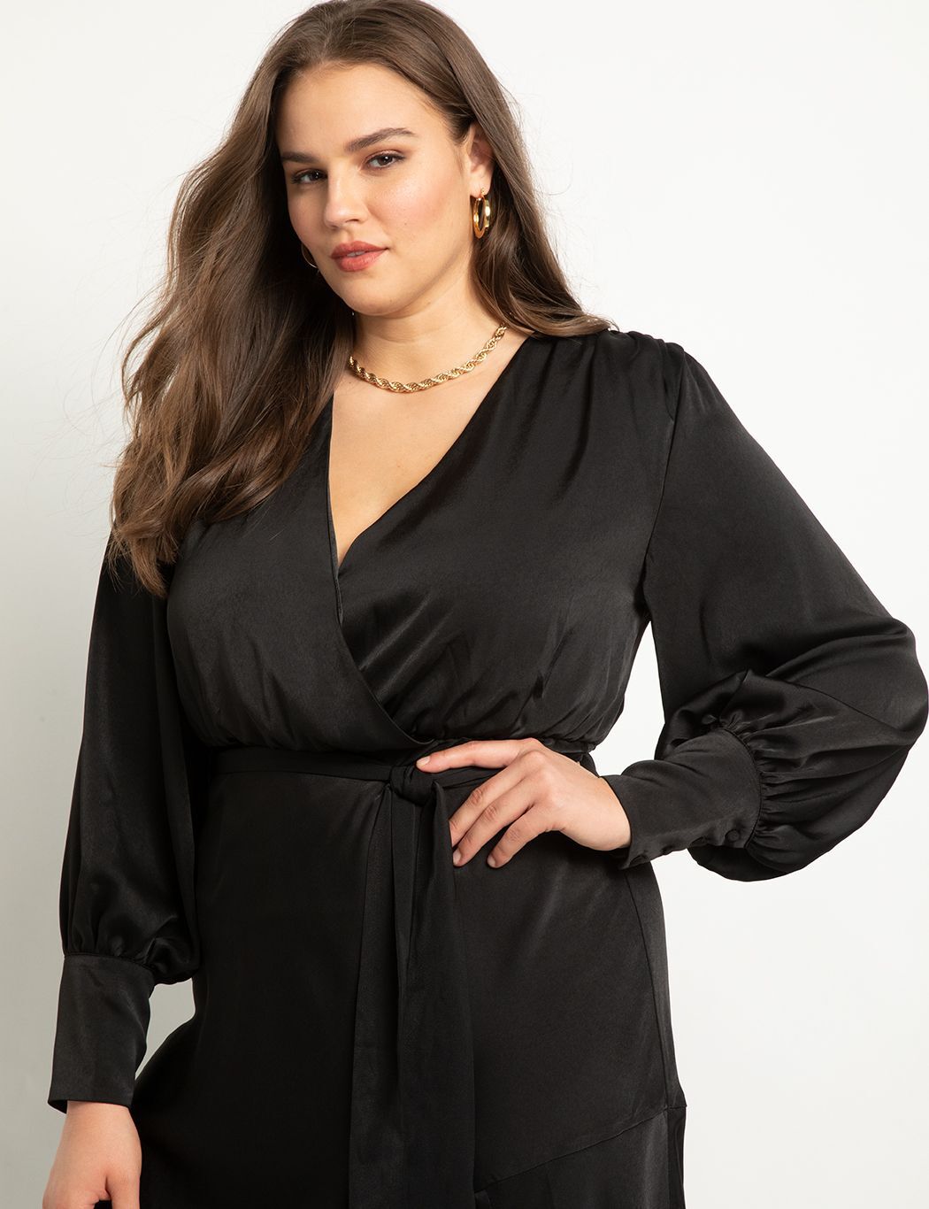 Satin Maxi Dress with Strong Shoulders Black Onyx Eloquii