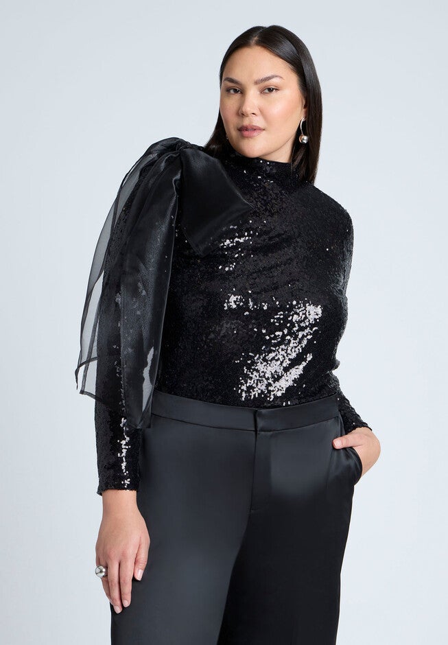 Sequin Mockneck Top With Bow, BLACK ONYX, hi-res image number null